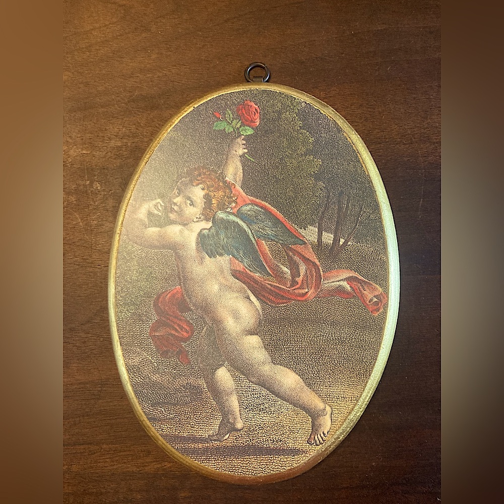 Cherub Angel w/ Rose Artigianato Toscano Baroque style Framed Artwork Italy